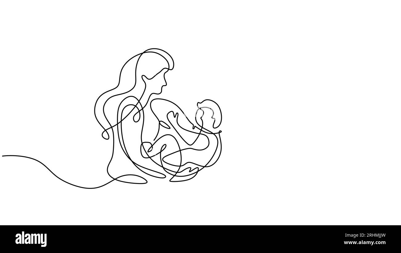 Mom and baby continuous one line drawing, vector illustration mother and child. Minimalist hand drawn design. Stock Vector
