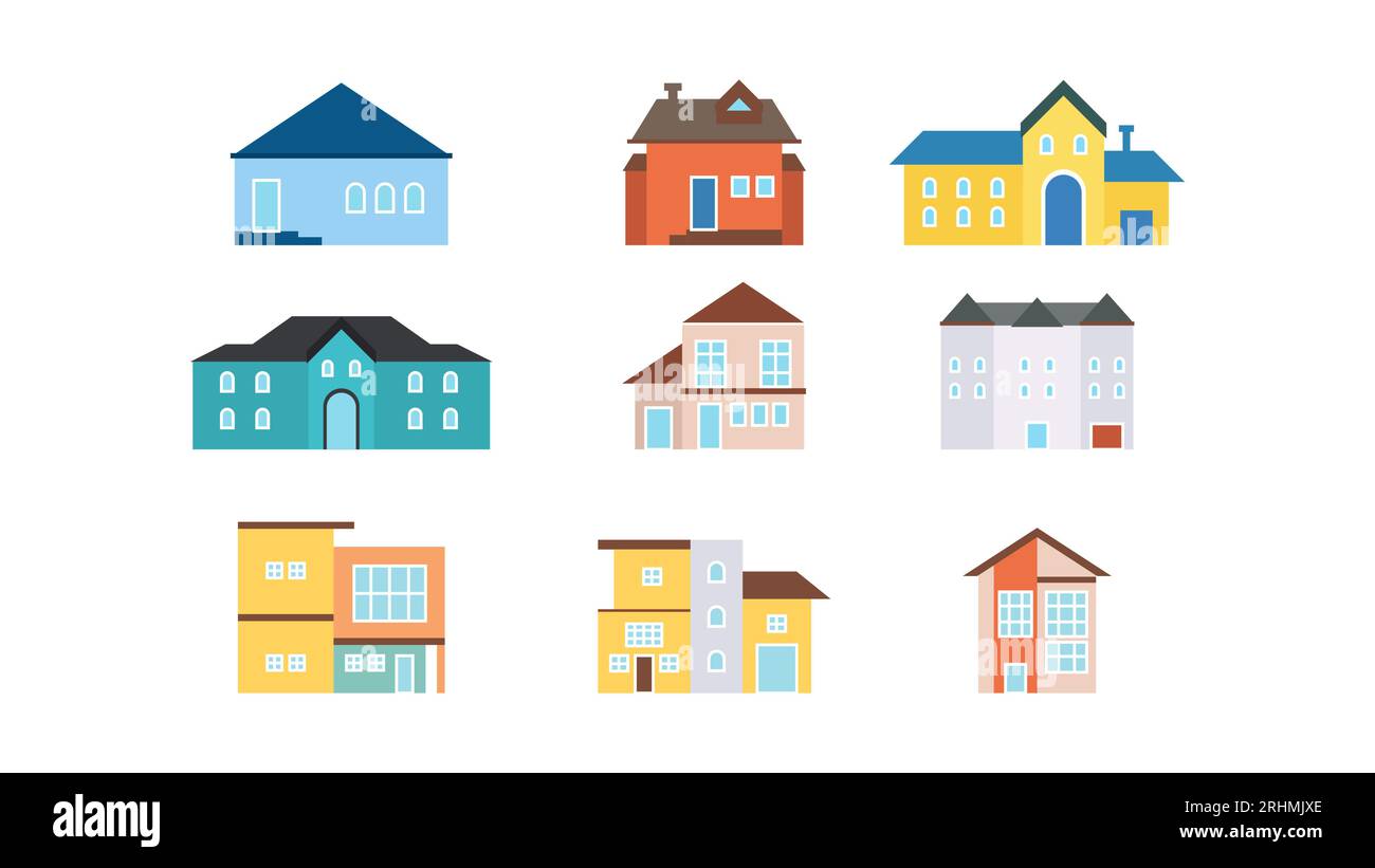 cottage house buildings set colorful. Vector illustration quaint cottages design. Stock Vector