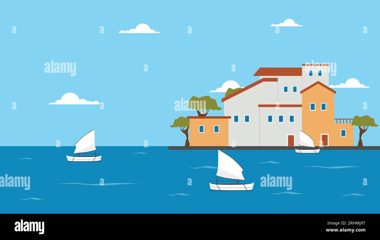 Mediterranean House with Sea View - Vector Illustration of Traditional Architecture and Coastal Landscape Stock Vector