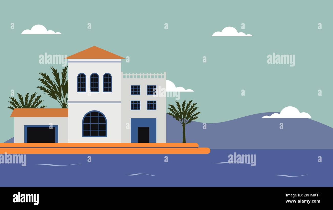 Mediterranean House with Sea View - Vector Illustration of Traditional ...