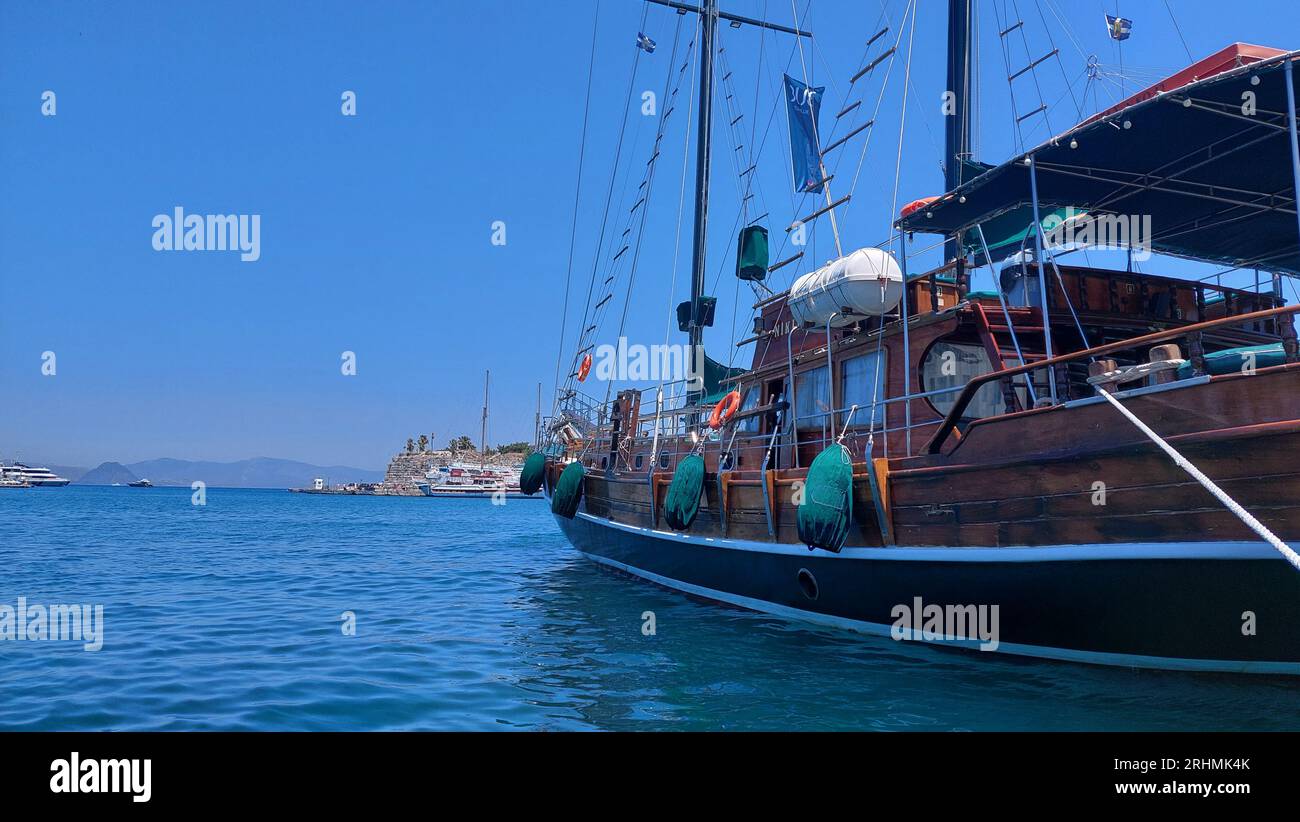 Vintage sailing boat for tourist day trips near Kos Town, Greece Stock Photo