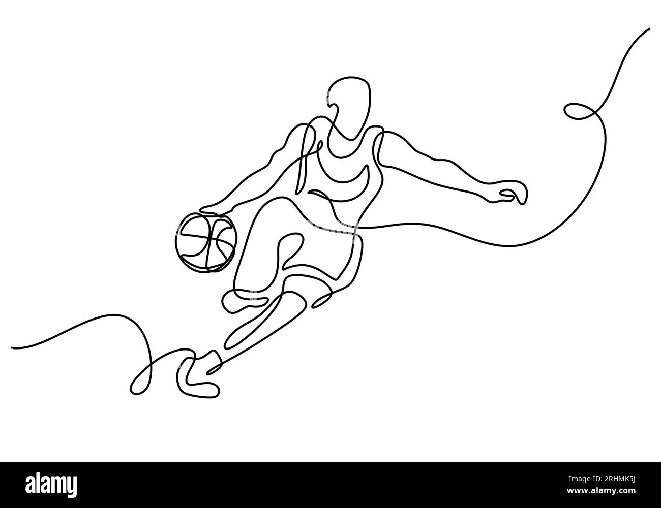 basketball player continuous one line drawing, a man dribbling a ball