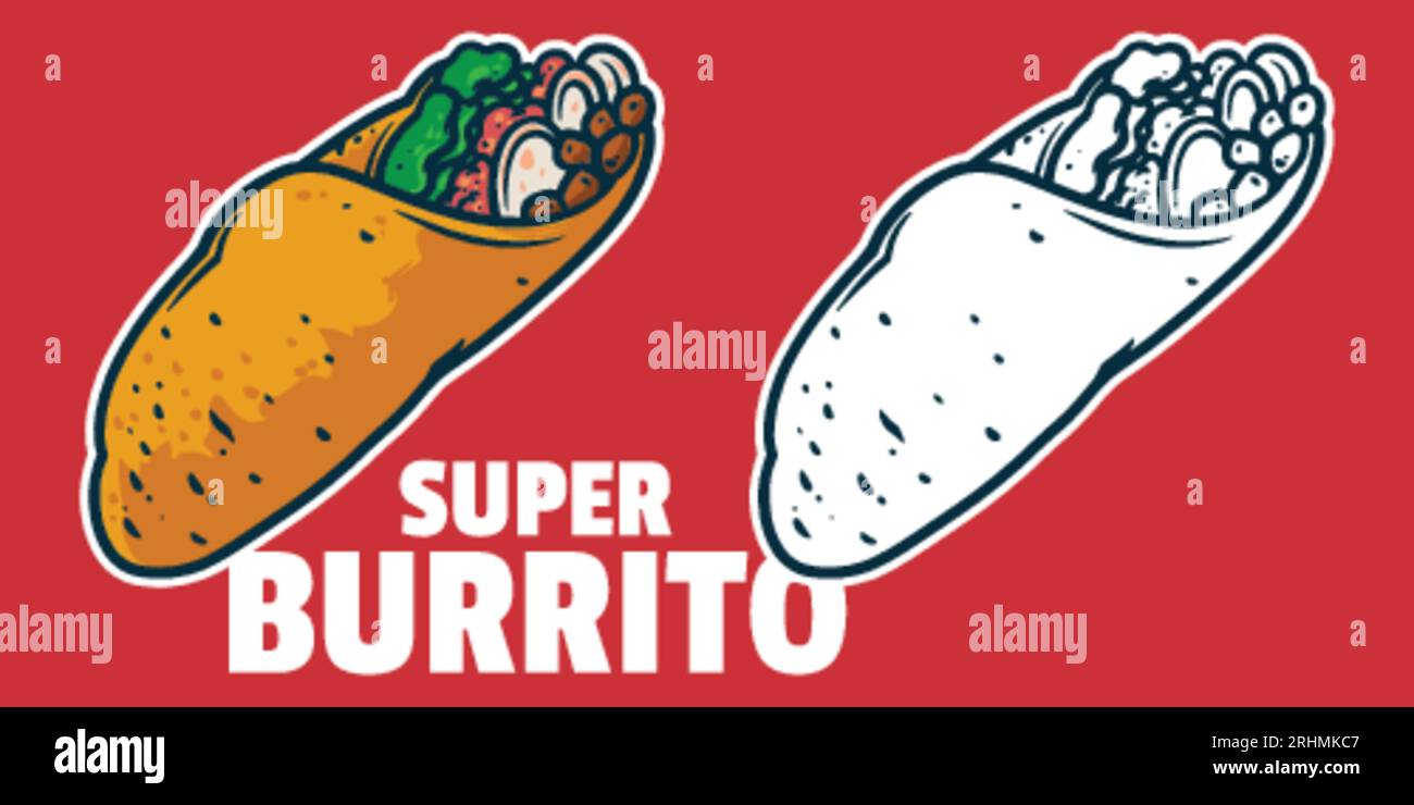 Burrito Drawing vector illustration, black and white colors, simple