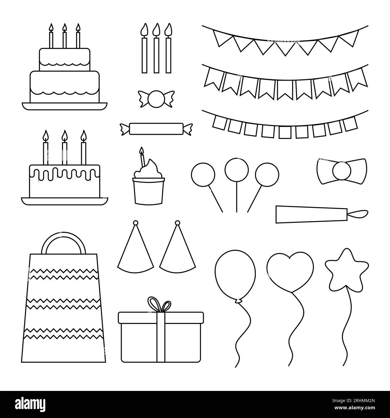 Collection of various festive elements for a birthday party. birthday ornaments equipment set line art in flat elements style isolated on white backgr Stock Vector