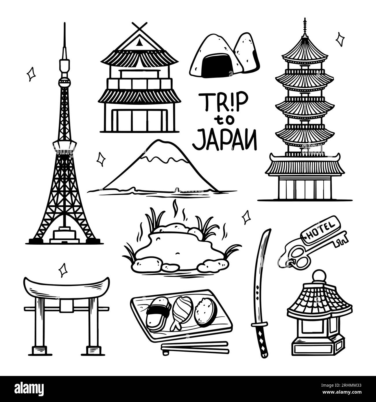 Japan travel doodle set icon. Hand drawn Japanese place building and object sketch. Stock Vector