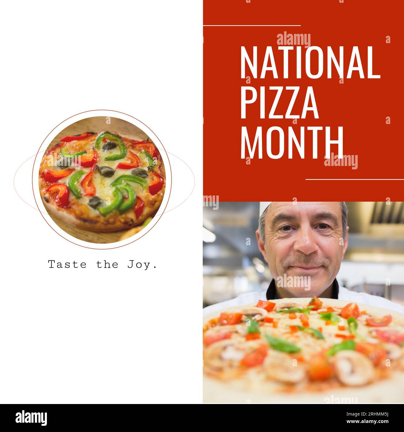 National pizza month, taste the joy text with pizzas and smiling senior caucasian male chef Stock Photo