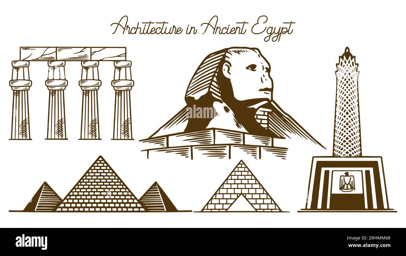 Egypt buildings set sketch vector illustration. Hand drawn ancient architectural temple and statue. Stock Vector