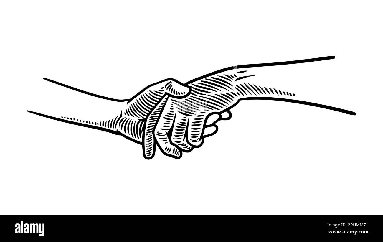 handshake engraving drawing, vintage sketch hand shake vector