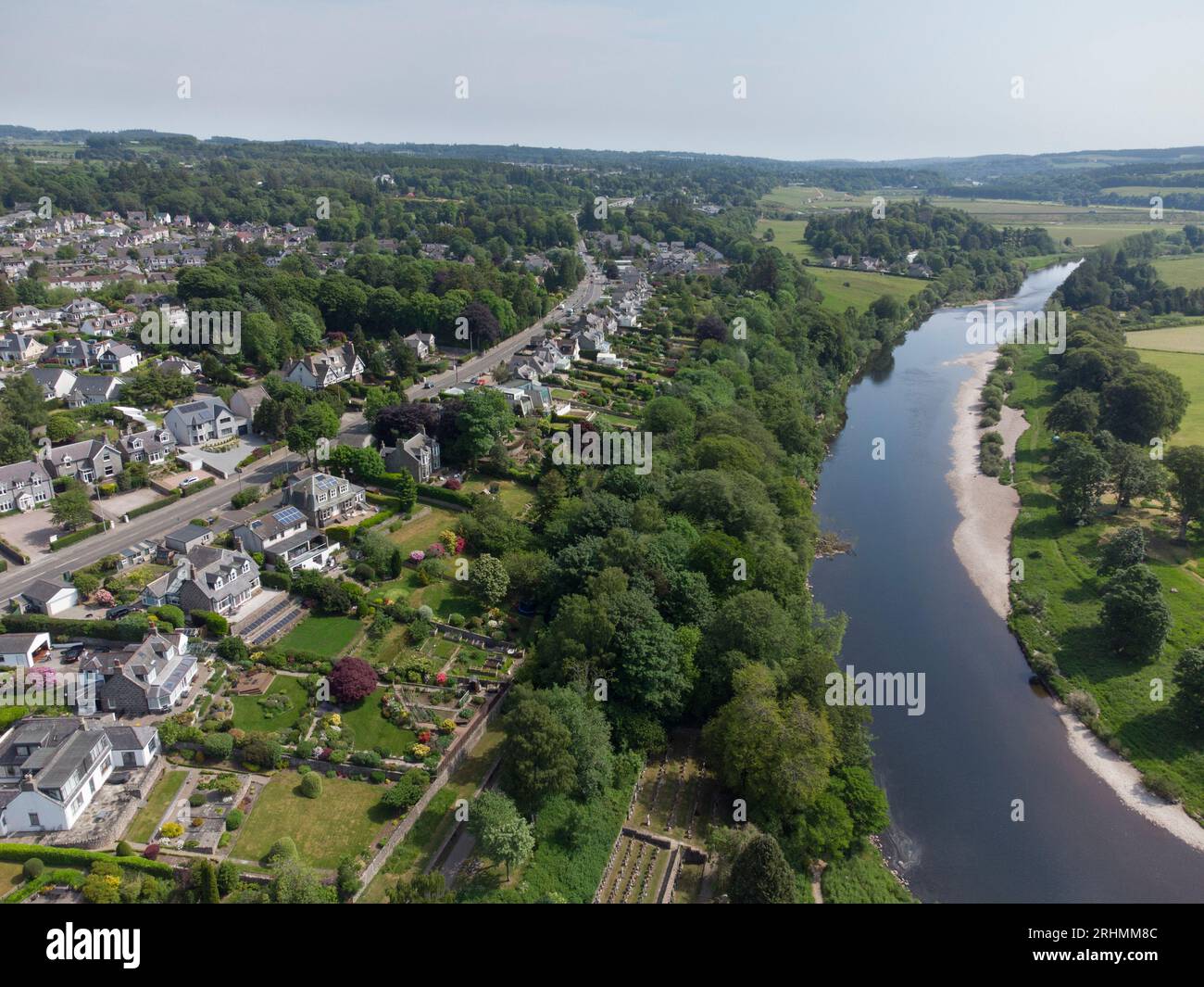 A drone view of Peterculter a suburb of Aberdeen Scotland next to the