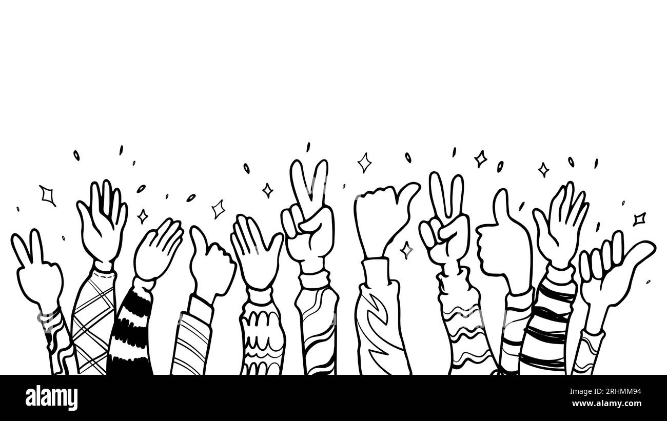 hand drawing of hands up, clapping ovation. applause, thumbs up and ...