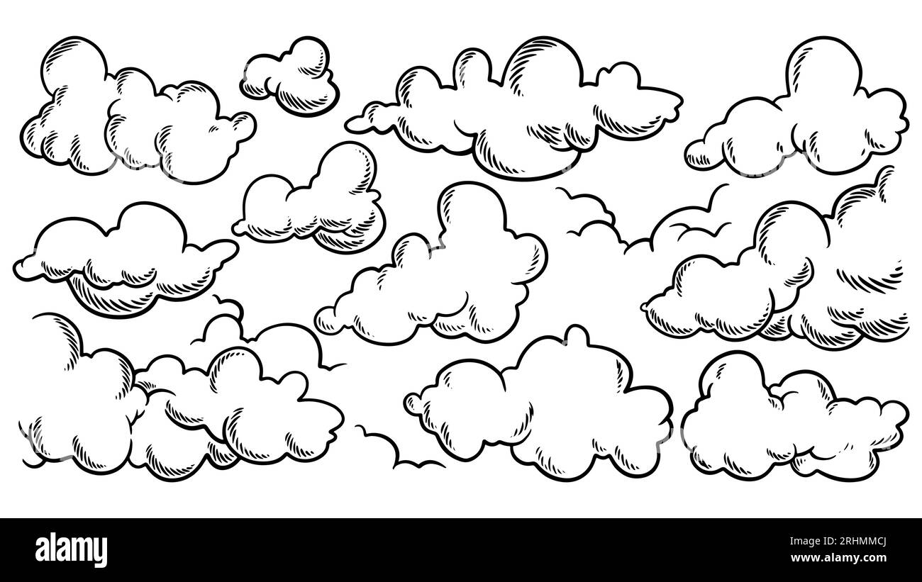 Clouds drawing set. Vector hand drawn cartoon of cloud Stock Vector