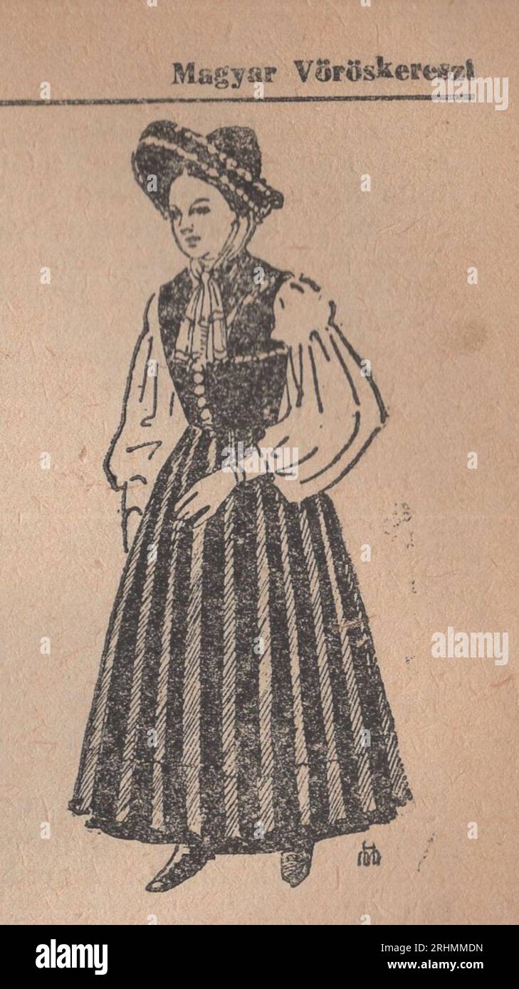 Vintage Illustrated Dictionary from the 1940s Családi kis Lexikon dictionary : Magyar viselet / Hungarian costume /Hungarian folk costume :  19th century uniform of the Hungarian red cross for nurse Stock Photo