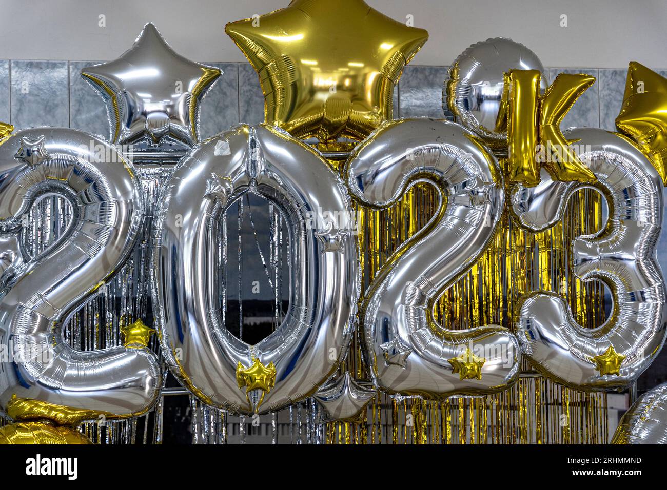 2023 inflatable numerals in gold and silver Stock Photo