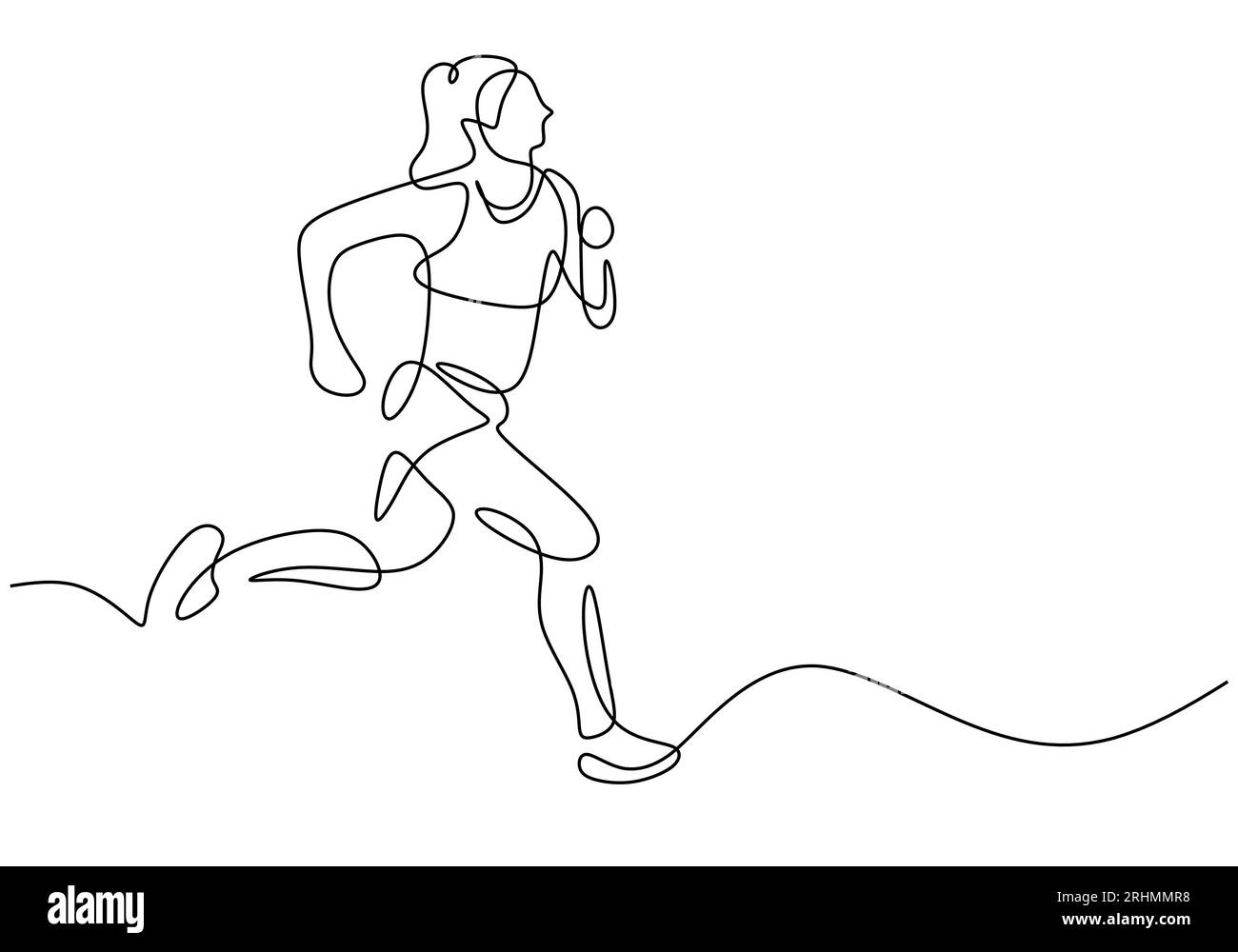 Marathon running, continuous one line drawing. Woman run with sport