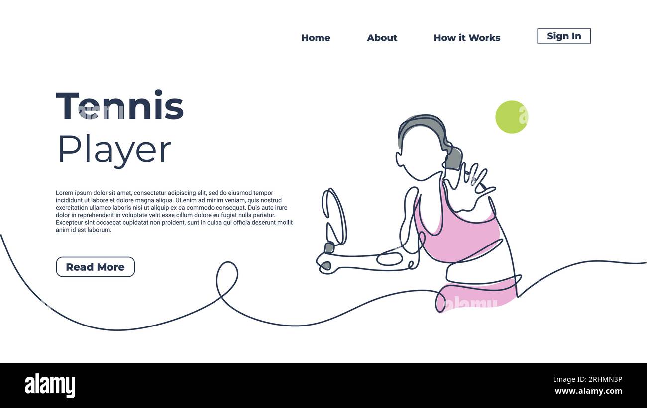 One line drawing woman playing tennis, vector illustration girl with racket continuous single hand drawn graphic. Landing page template web elements w Stock Vector