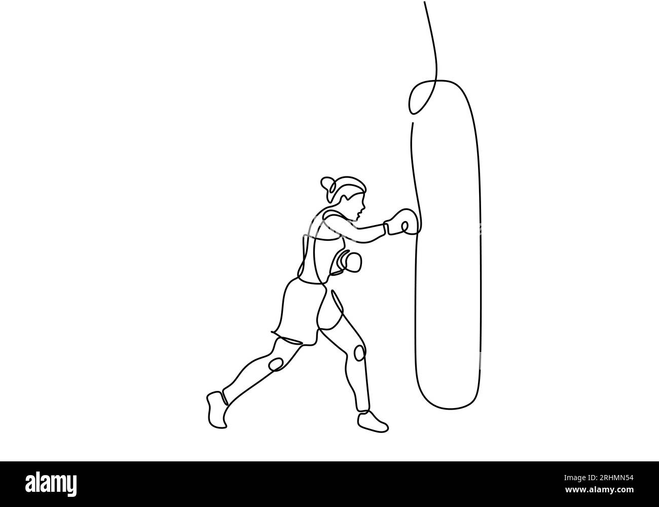 One line drawing woman training boxing exercise. Continuous line art