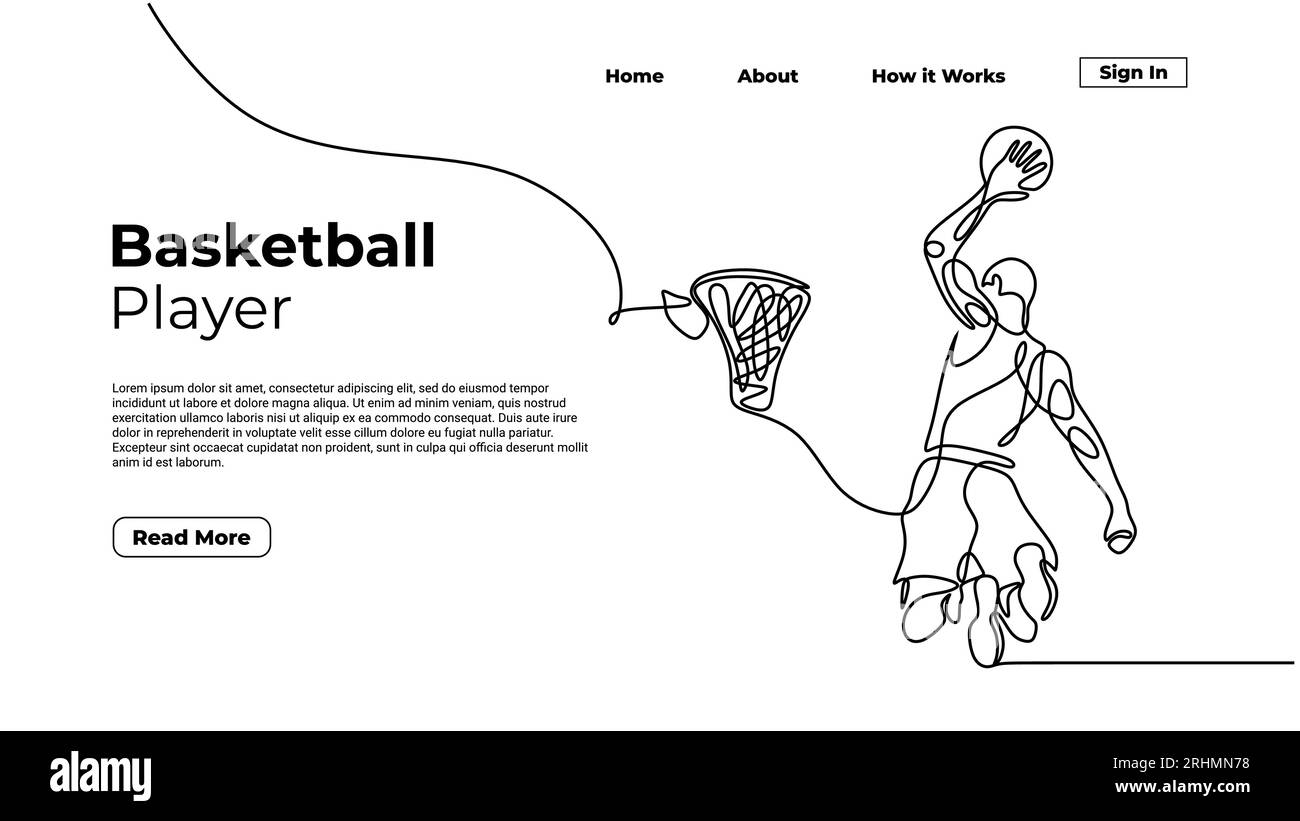 Slamdunk style basketball player, continuous one line art drawing, vector silhouette illustration, people jump. Good for sport graphic landing page el Stock Vector