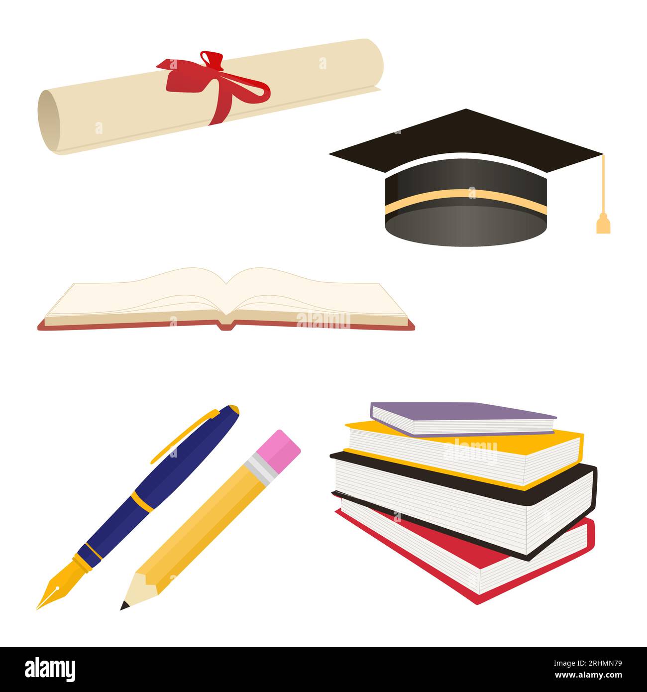 set education and literacy objects colorful like college graduation cap ...