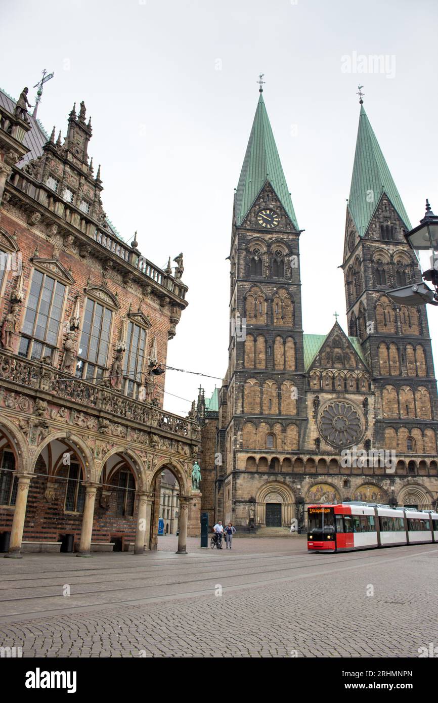 Marktplatz of Bremen with tram and ancient cathedral. European city landmark. Old historical center with urban transport and medieval build Stock Photo