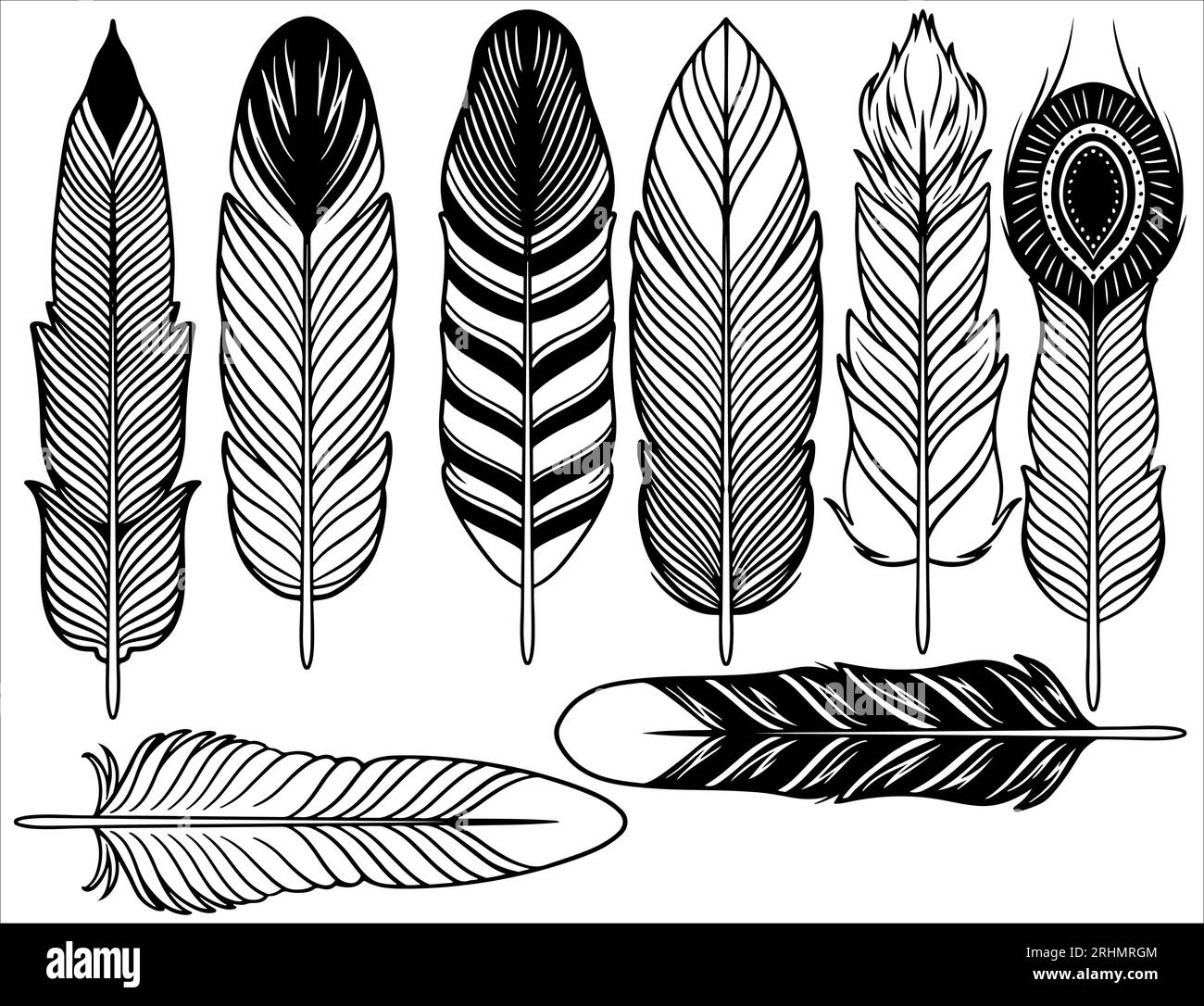 Hand drawn bohemian, tribal, ethnic set of feathers.. Black and white ink  sketch. Ethnic boho style hand drawing. Rustic feathers collection.  Realisti Stock Vector Image & Art - Alamy