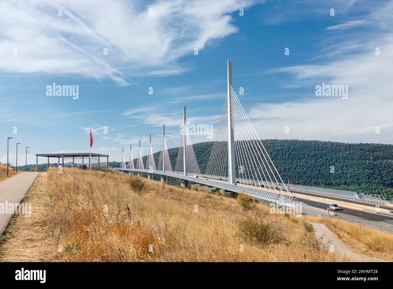 The Millau Viaduct is a multispan cable-stayed bridge completed in 2004 across the gorge valley of the Tarn near Millau in the Aveyron department in t Stock Photo