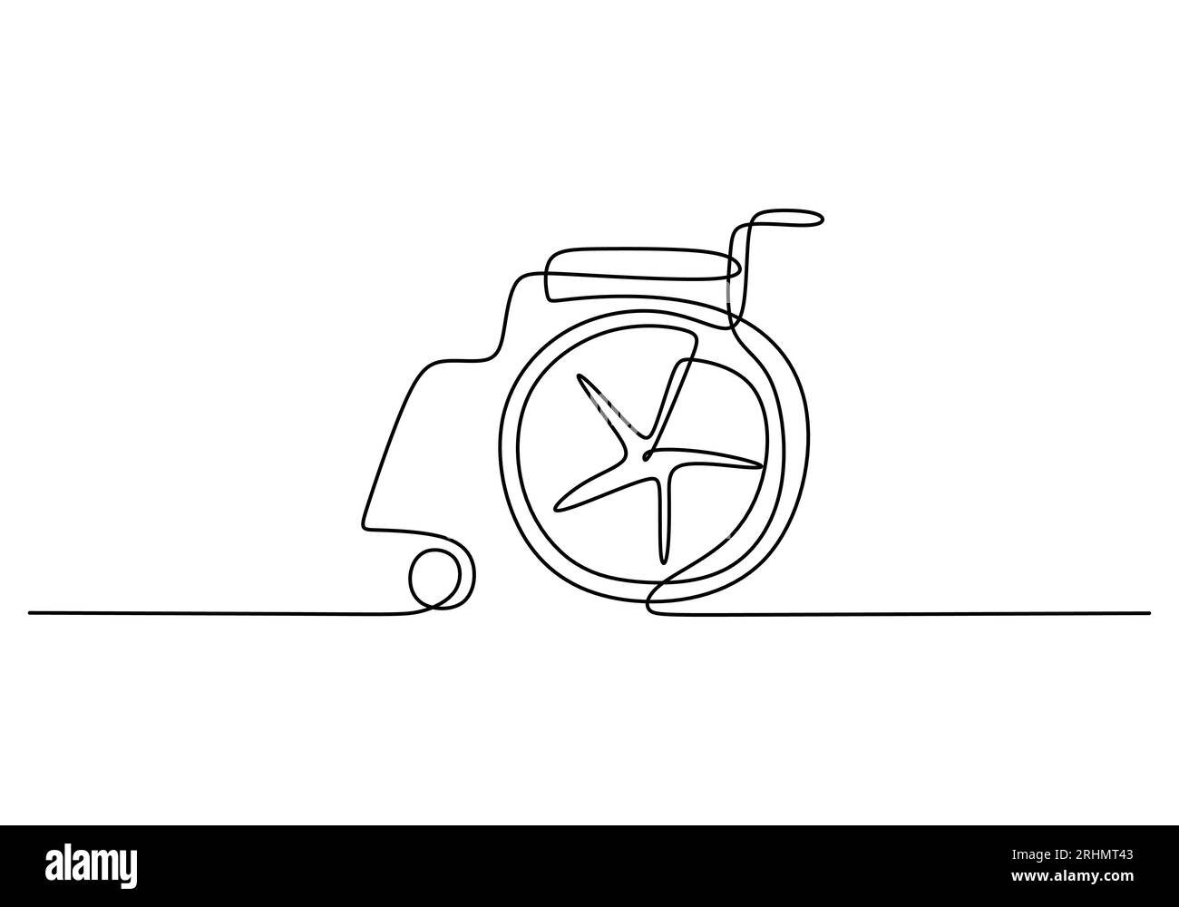 Continuous one single line of wheelchair for disabled man isolated on white background. Stock Vector