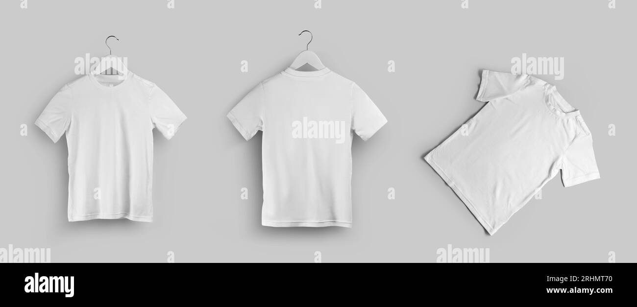 Mockup of white t-shirt on hanger, presentation of cotton shirt front, back, diagonally for design, brand. Product photography for commerce, advertisi Stock Photo