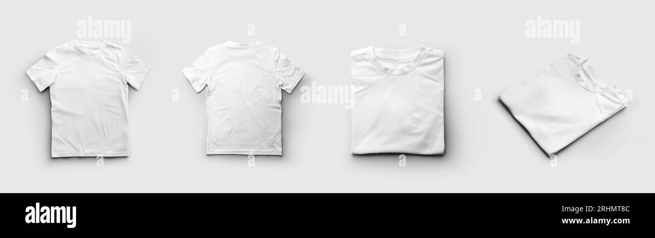 Mockup of a white t-shirt, folded cotton shirt front, back, diagonally, isolated on background. Set. Product photography for commerce, advertising. Ap Stock Photo