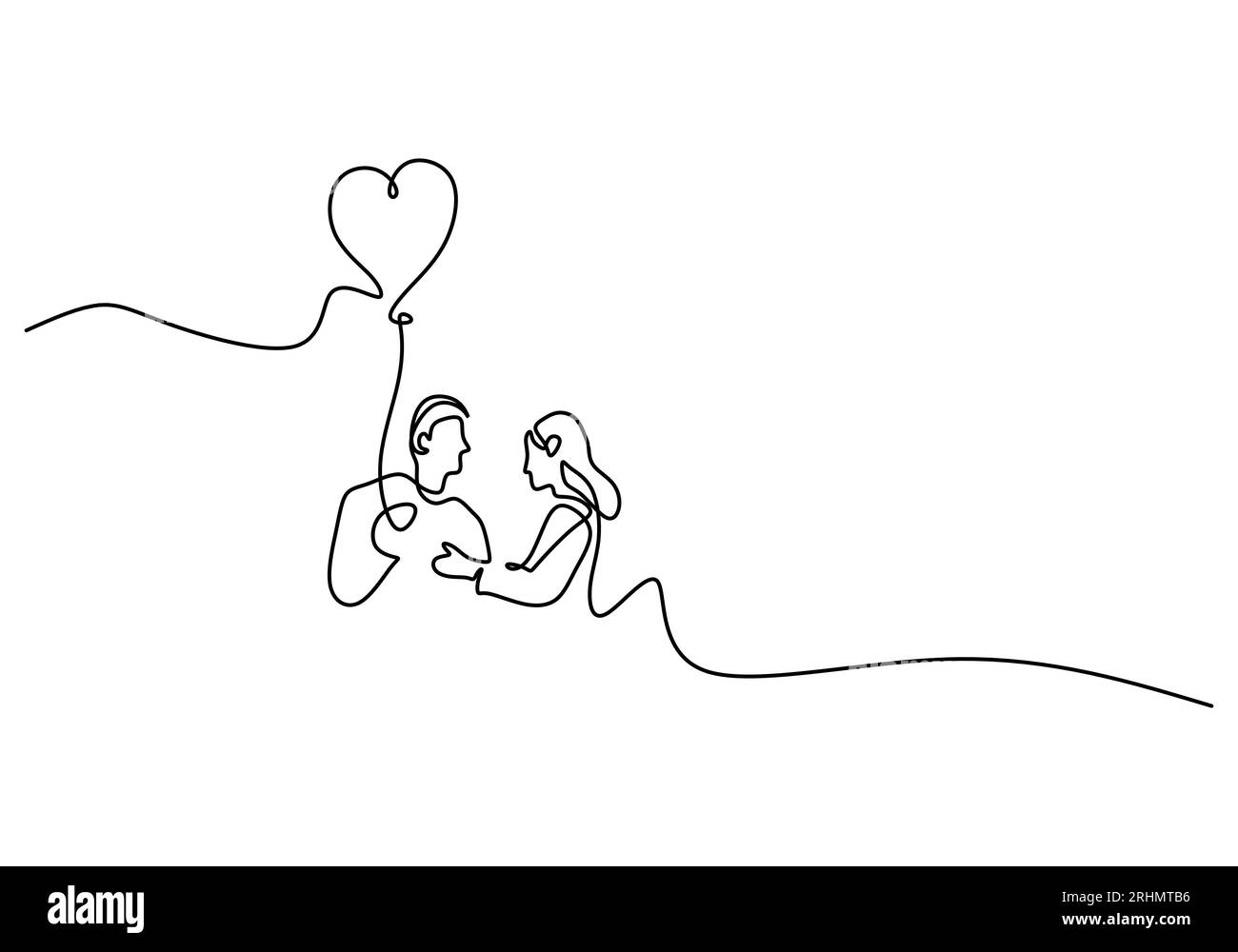One continuous single line of romantic couple bring heart balloon isolated on white background. Stock Vector