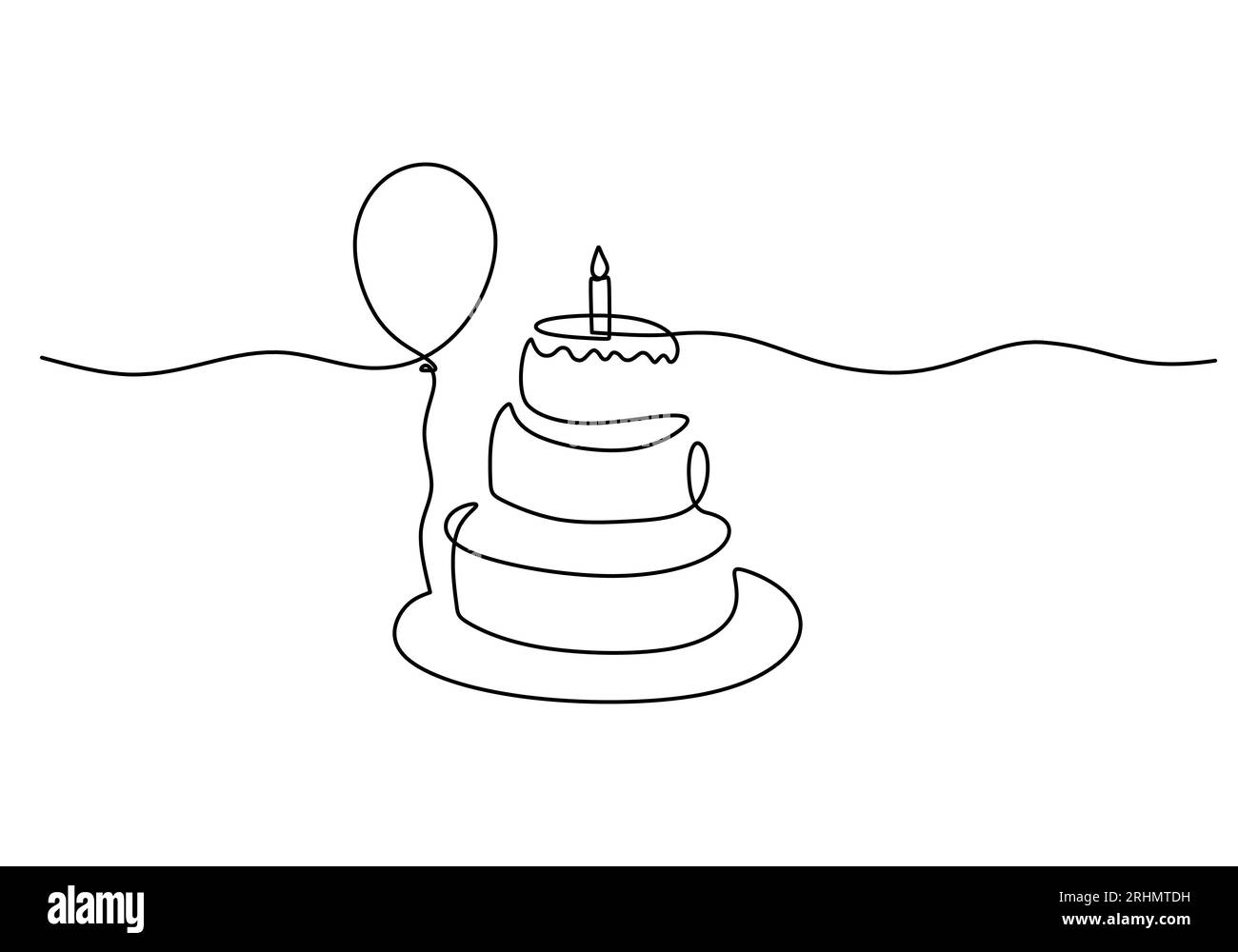 One continuous single line of birthday cake and balloon for children celebration isolated on white background. Stock Vector