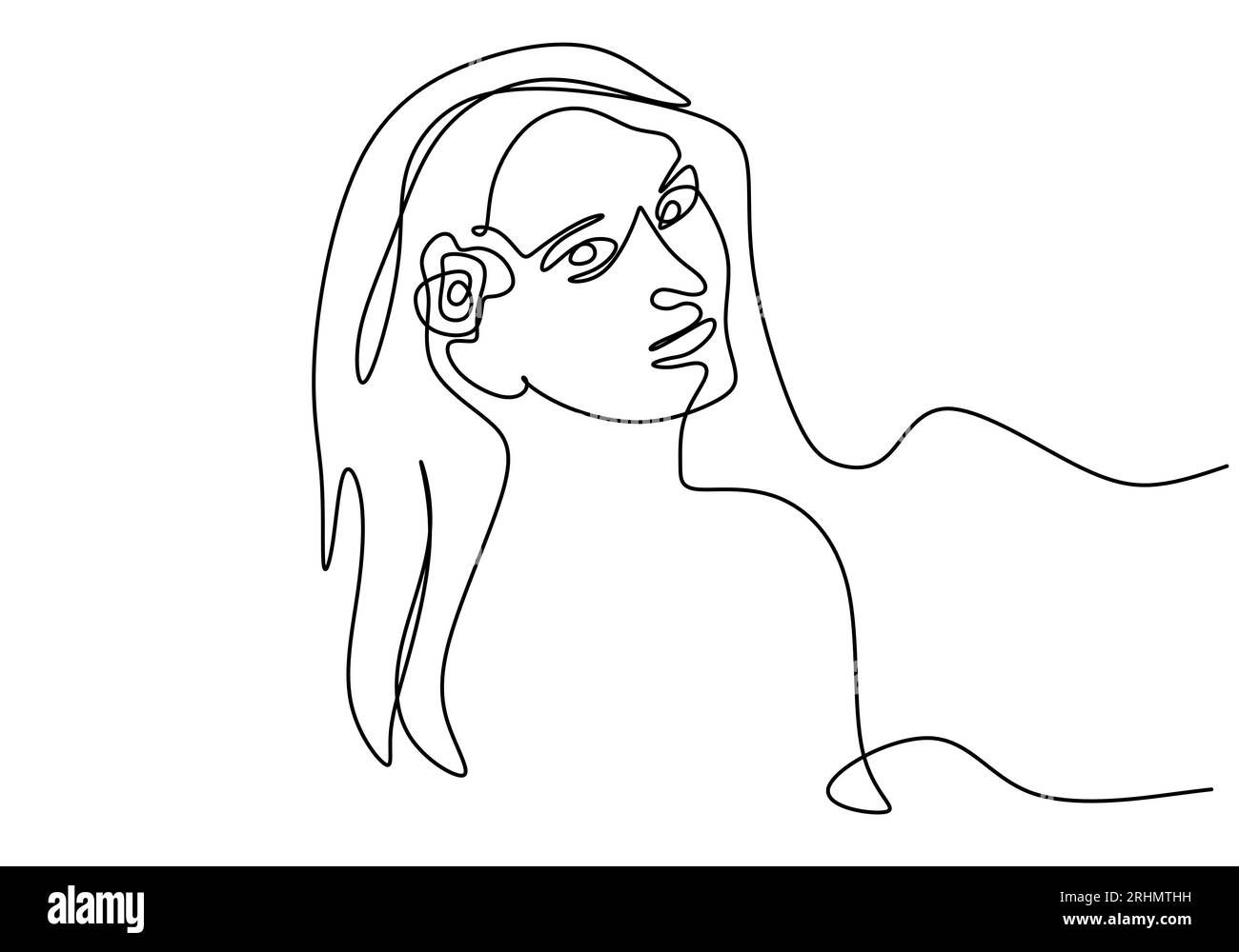 One continuous single line of beautiful girl with flower on ear
