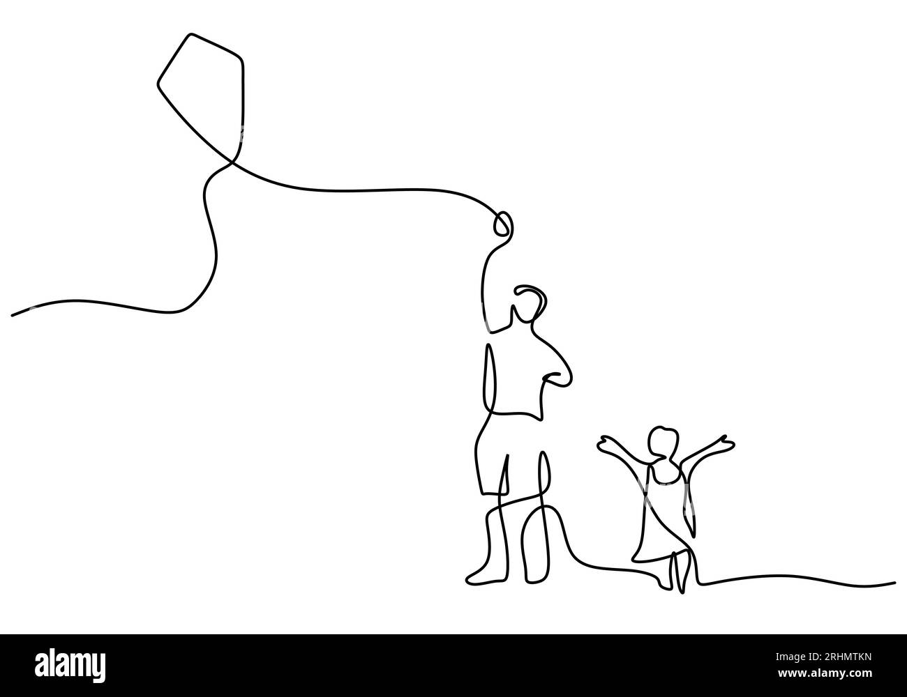 One continuous single line of dad and son playing kite isolated on white background. Stock Vector