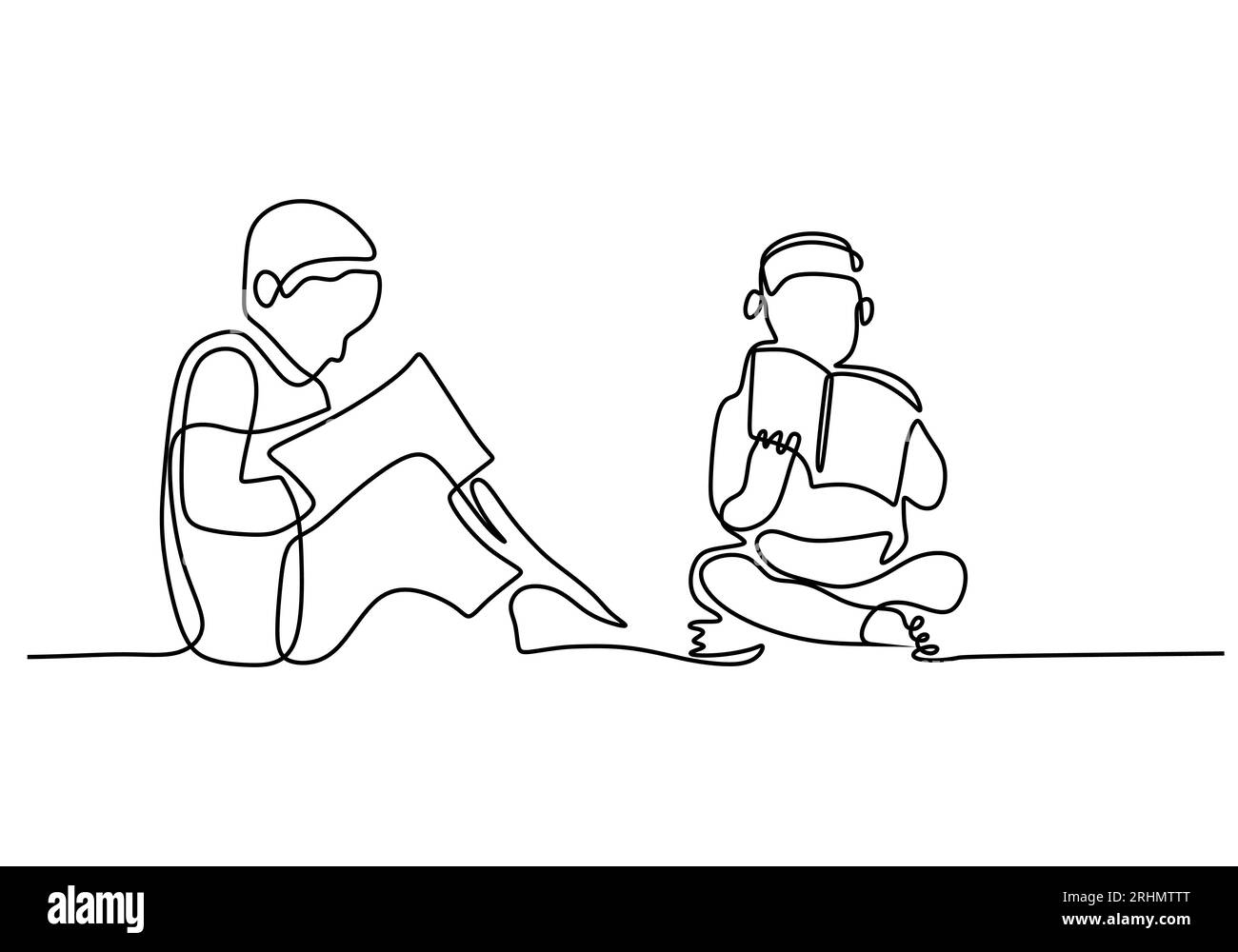 One continuous single line of two little boys reading book isolated on