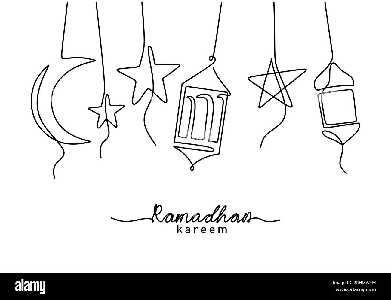 One continuous single line of ramadan kareem word with hanging lantern
