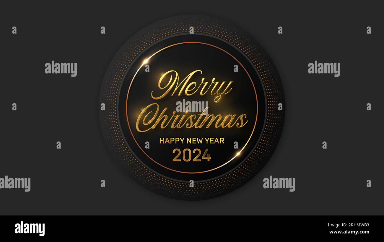 Merry Christmas and Happy New Year 2024 Wallpaper and Background With Shining Gold Color Text on Dark Background Stock Photo
