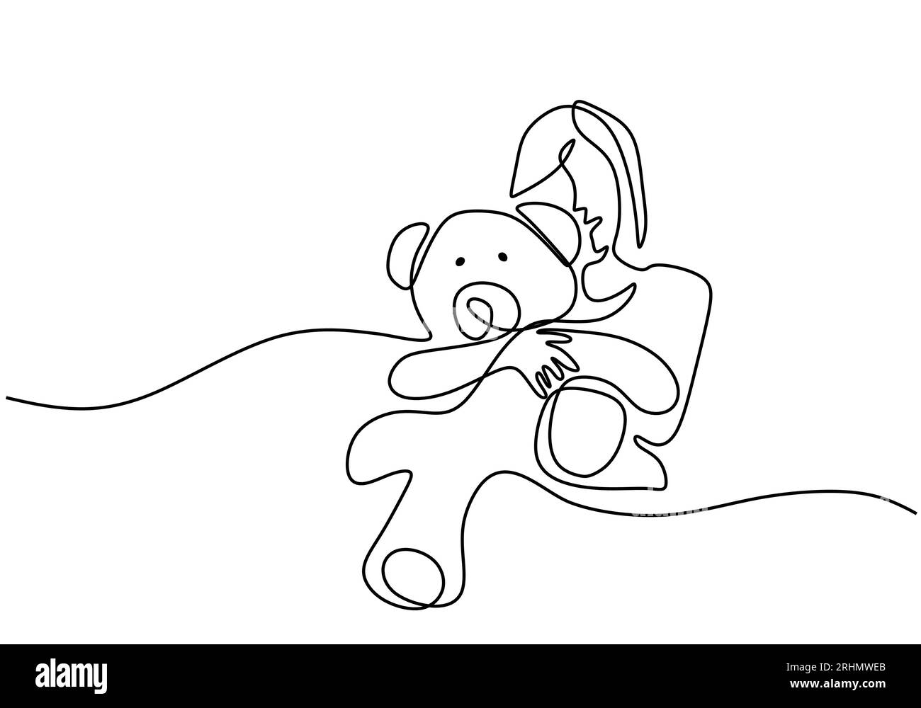 One continuous single line of little girl hug big teddy bear isolated on white background. Stock Vector
