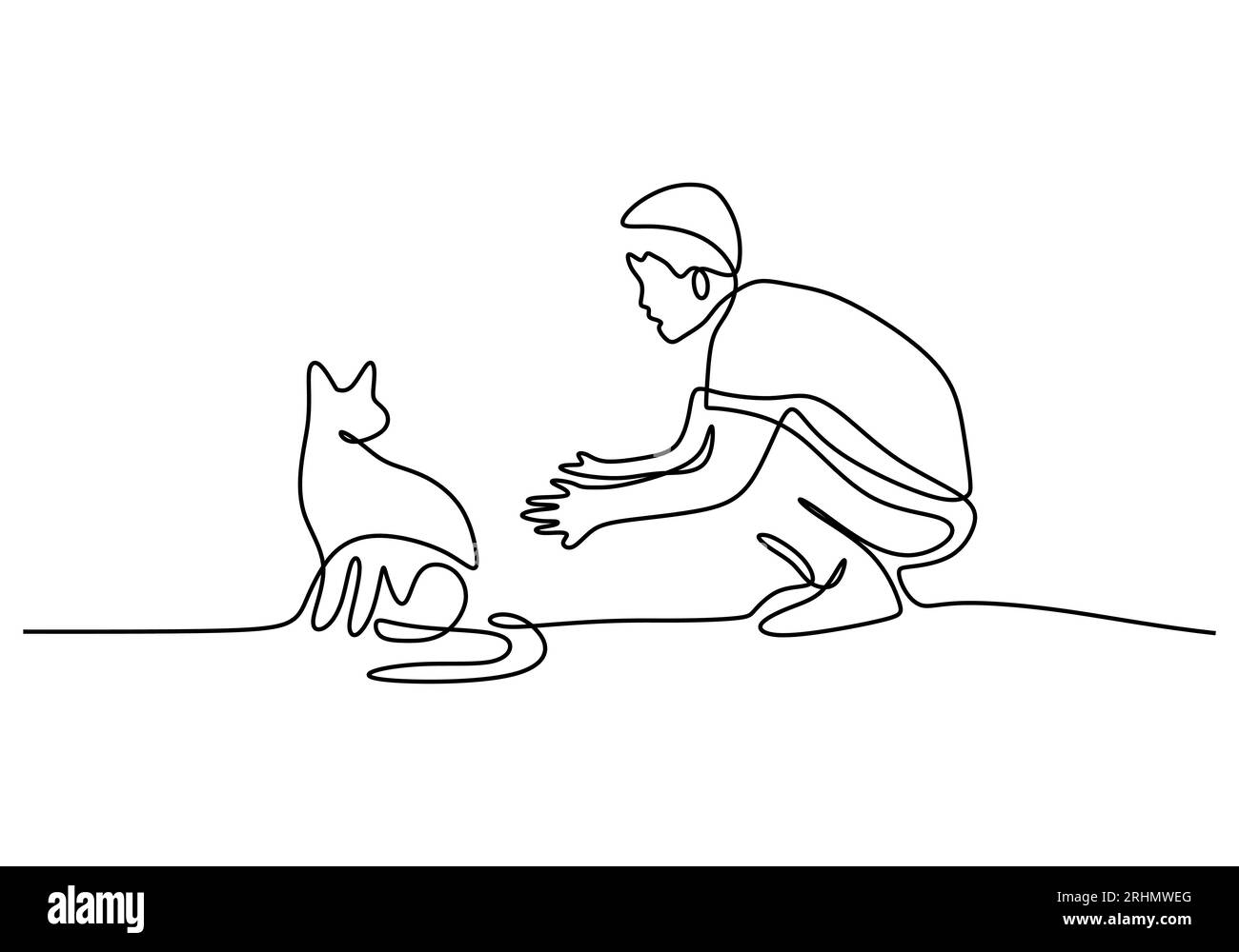One continuous single line of little boy playing with cute cat isolated ...