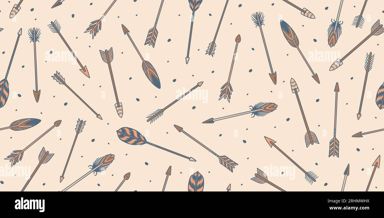 Set of seamless irregular bird feather arrow pattern pattern hand drawn tribal style. Good for textiles, paper, wallpaper and web page. Vector illustr Stock Vector