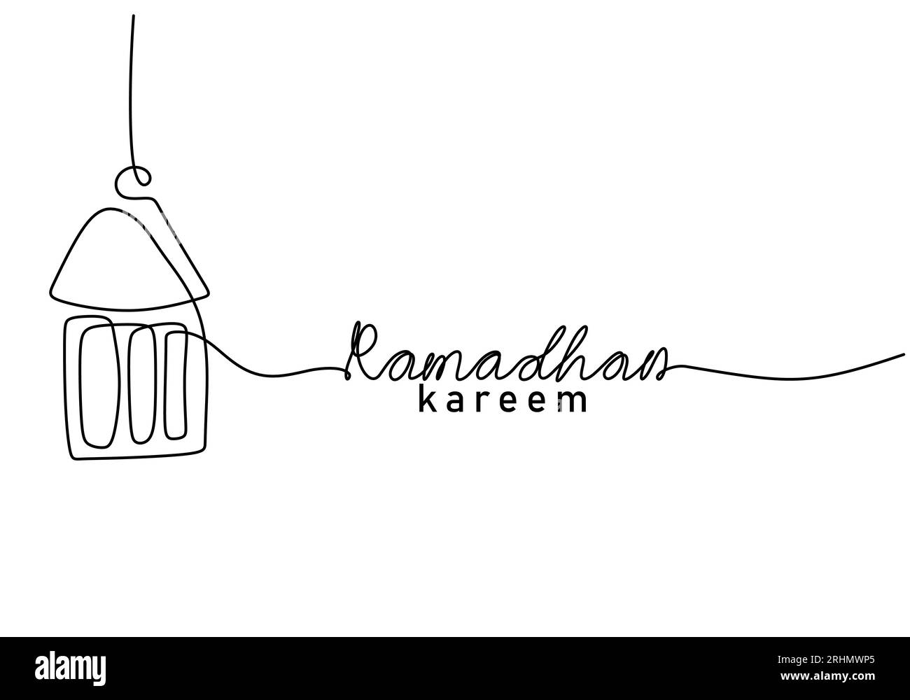 One continuous single line of ramadan kareem word with hanging lantern