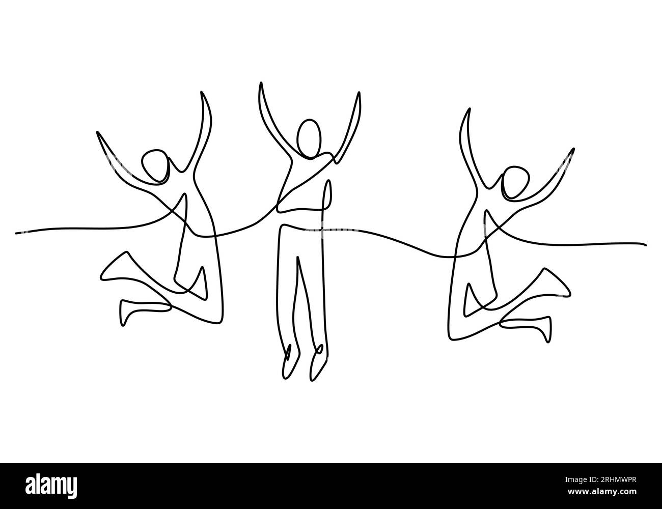 One continuous single line of happy people jumping isolated on white ...