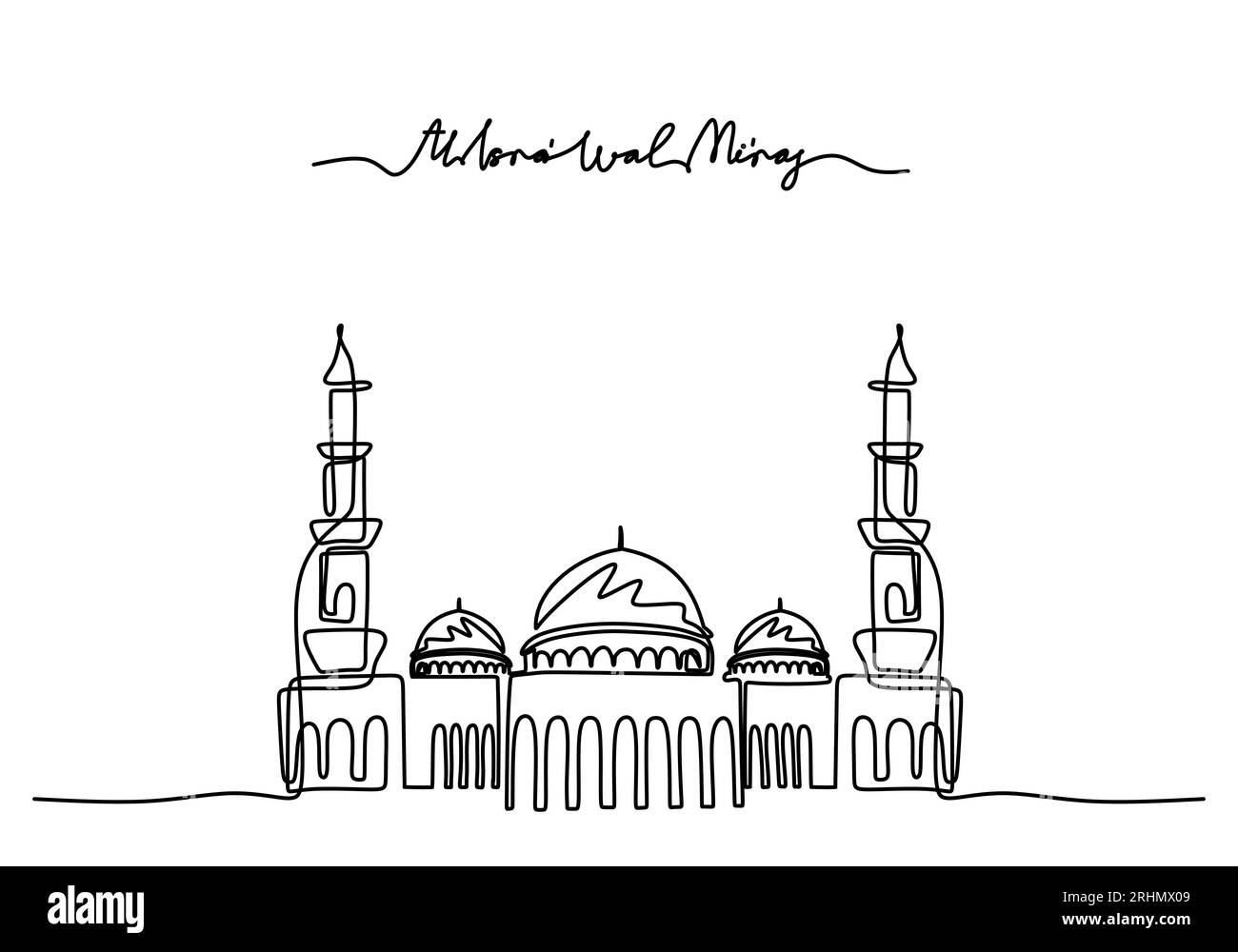 One continuous single line of big mosque with isra miraj word isolated on white background. Stock Vector