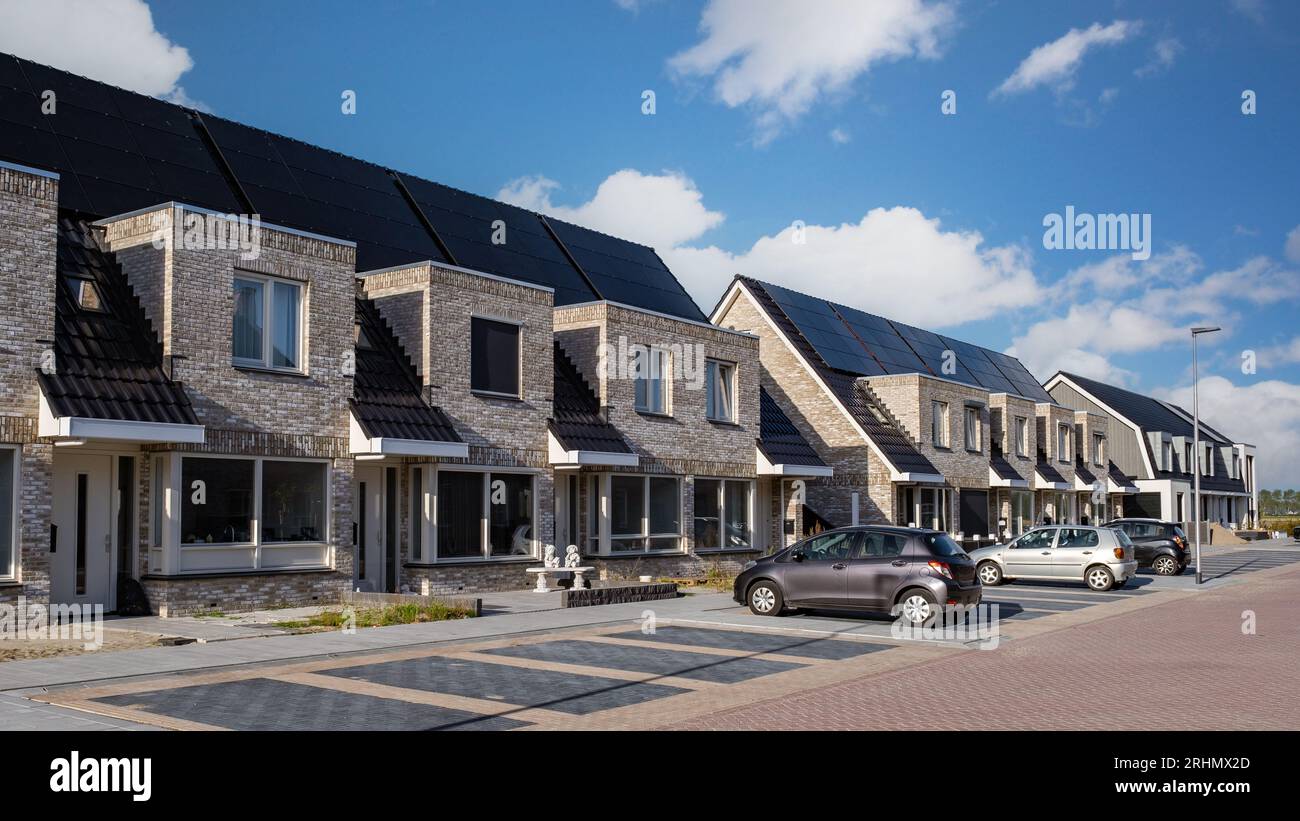 Dutch Suburban area with modern family houses, newly built modern family homes in the
