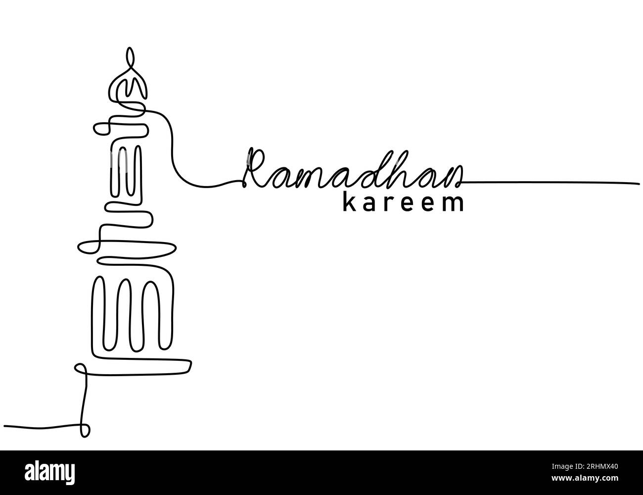 One continuous single line of big tower with ramadan kareem word