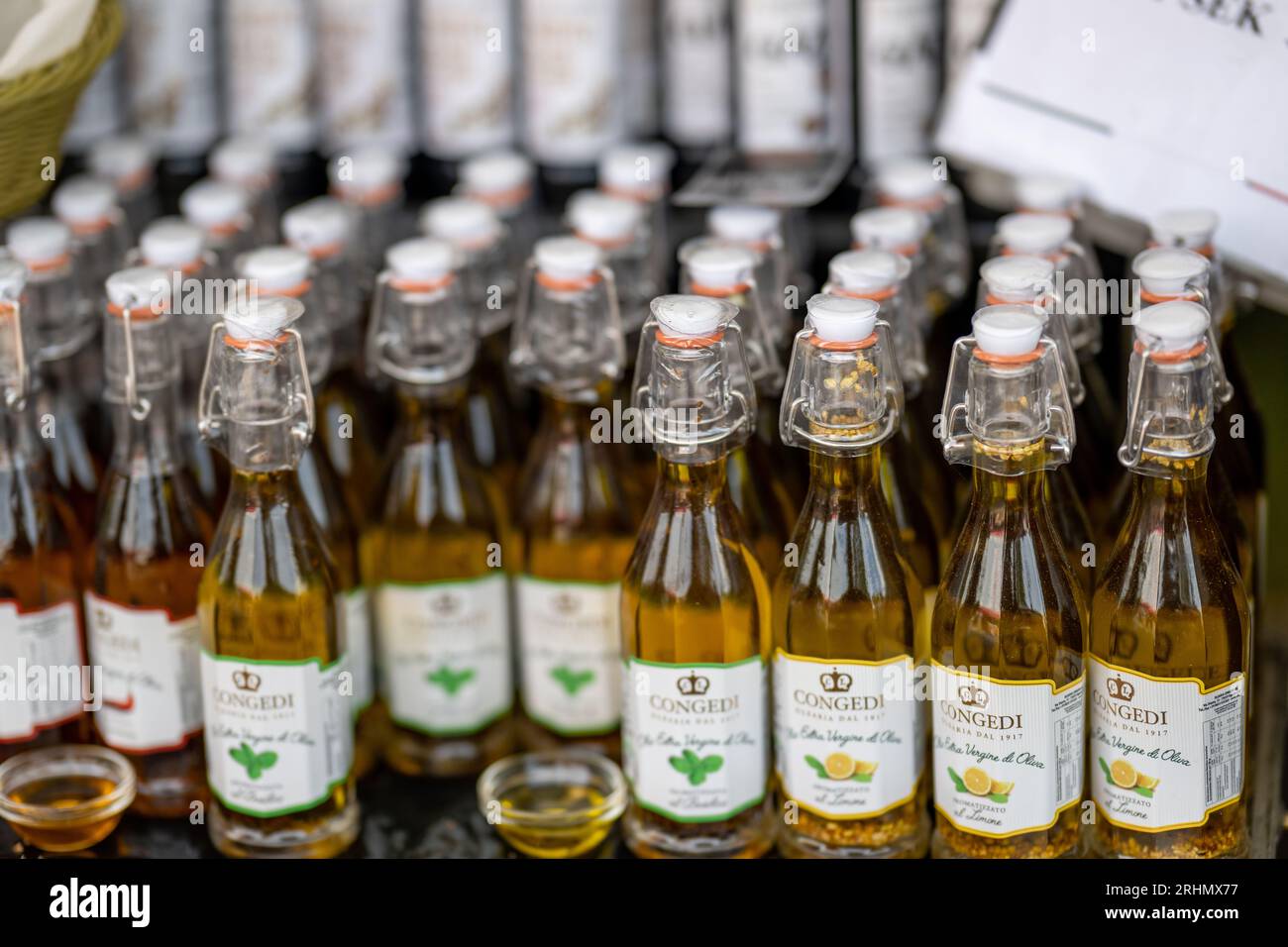 Olive oil sold at the international food festival during the August fest 2023. The August fest is an annual event in Norrköping, Sweden. Stock Photo