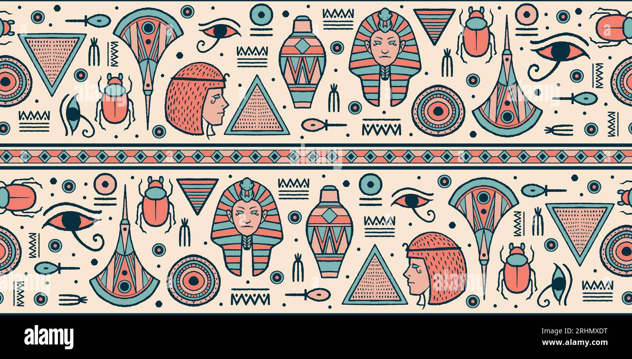 Set of seamless symbol patterns hand drawn ancient egyptian tribal style. Good for textiles, paper, wallpaper, headbands and web pages. Vector illustr Stock Vector