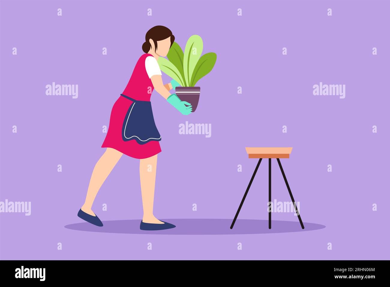 Character flat drawing young woman in cozy room holds pot with plant in her hands. Growing and caring house plants. Pretty girl gardener takes care of Stock Photo