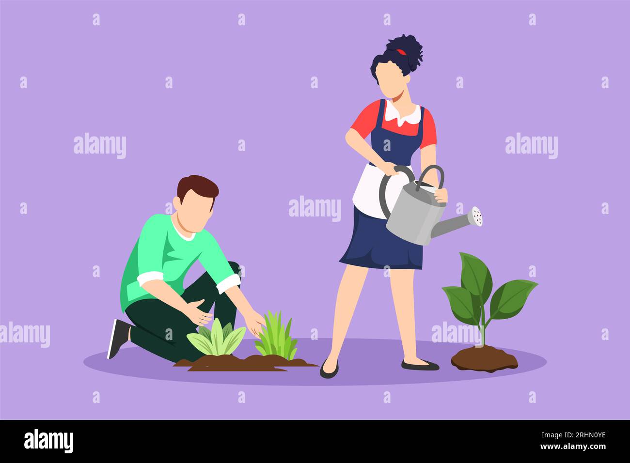 Cartoon flat style draw man woman gardening plants. People growing