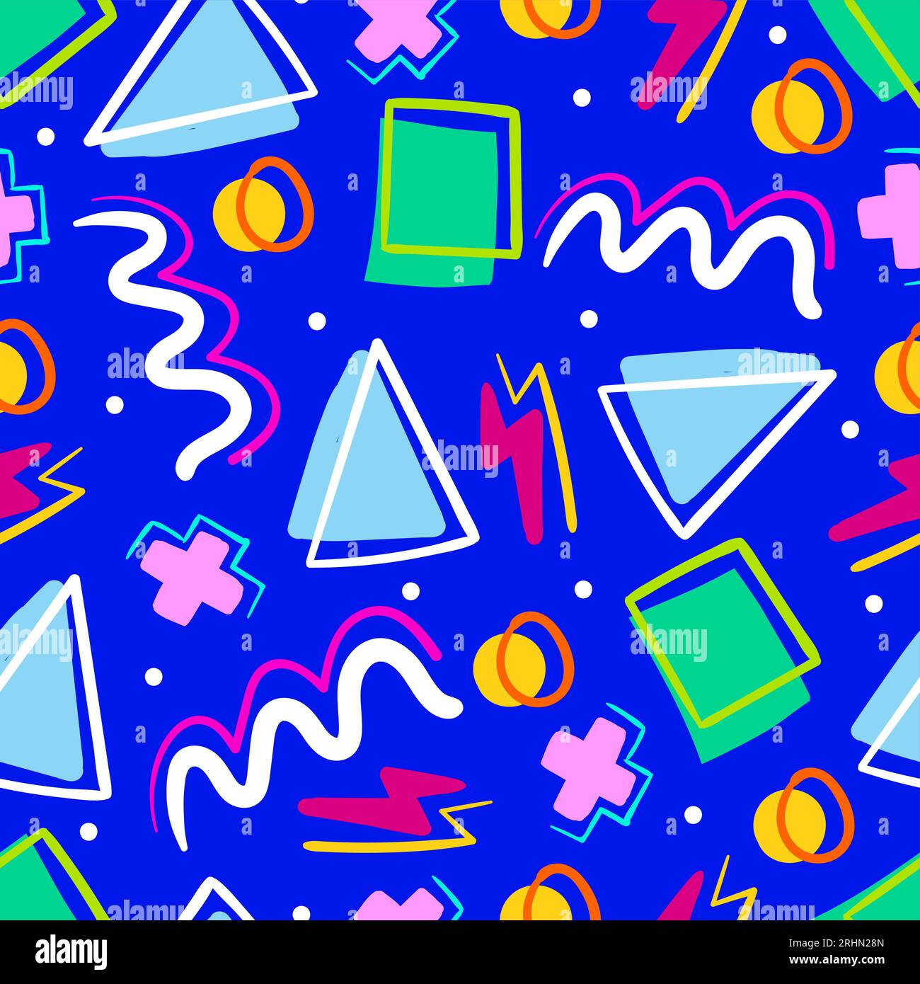 90s nostalgia seamless pattern in memphis style on blue background