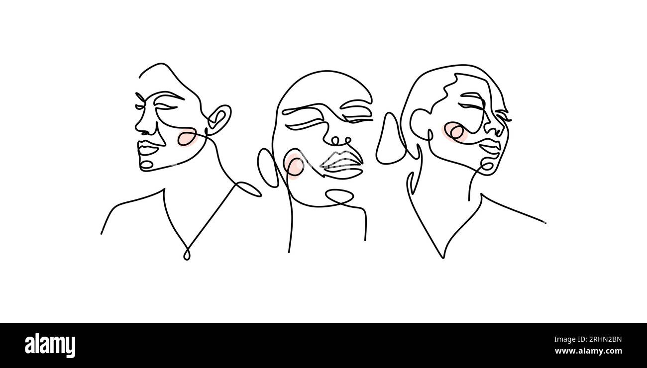 One continuous single line of surreal woman faces isolated on white ...