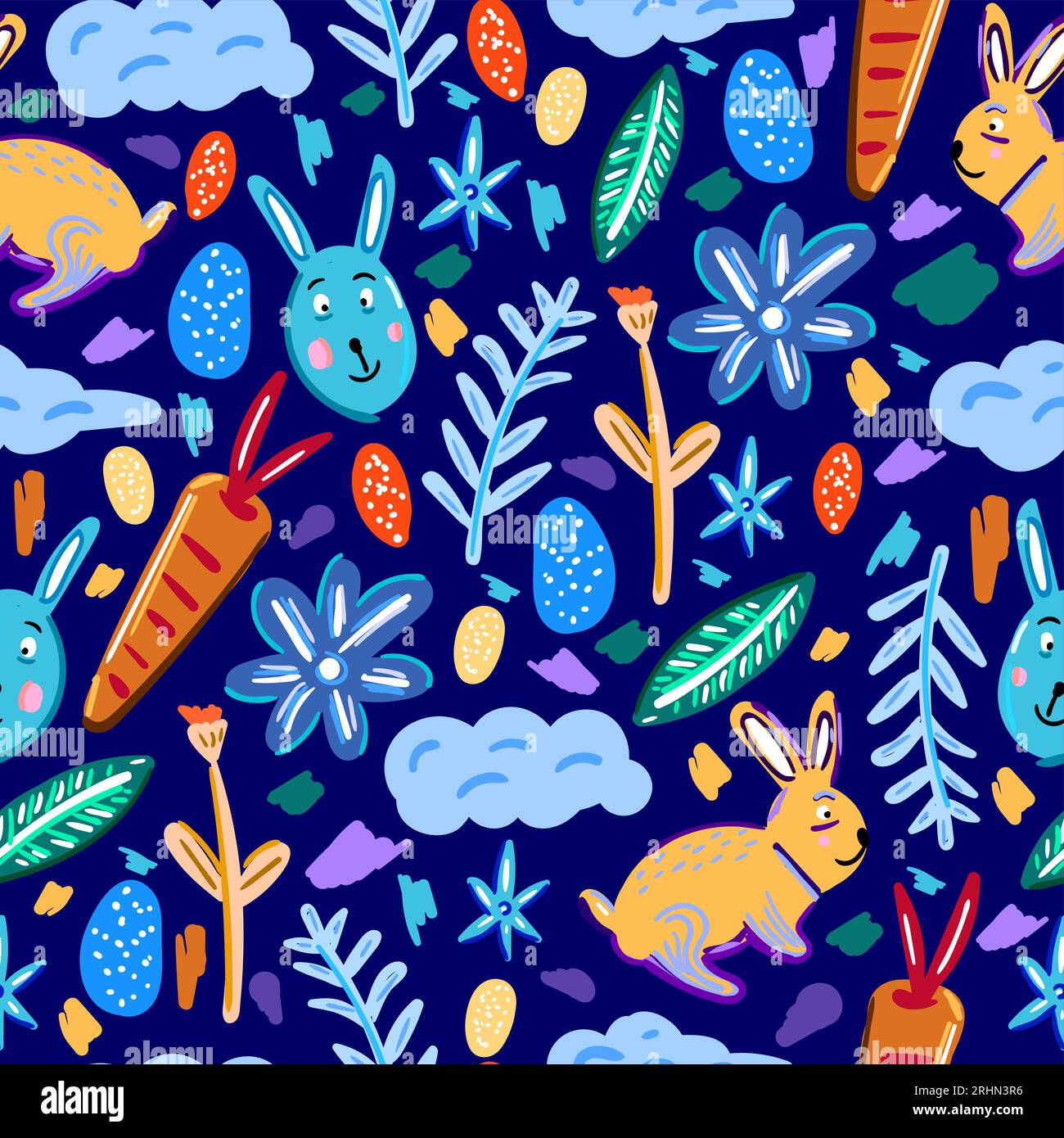 Seamless pattern of easter elements isolated on blue background. Stock Vector